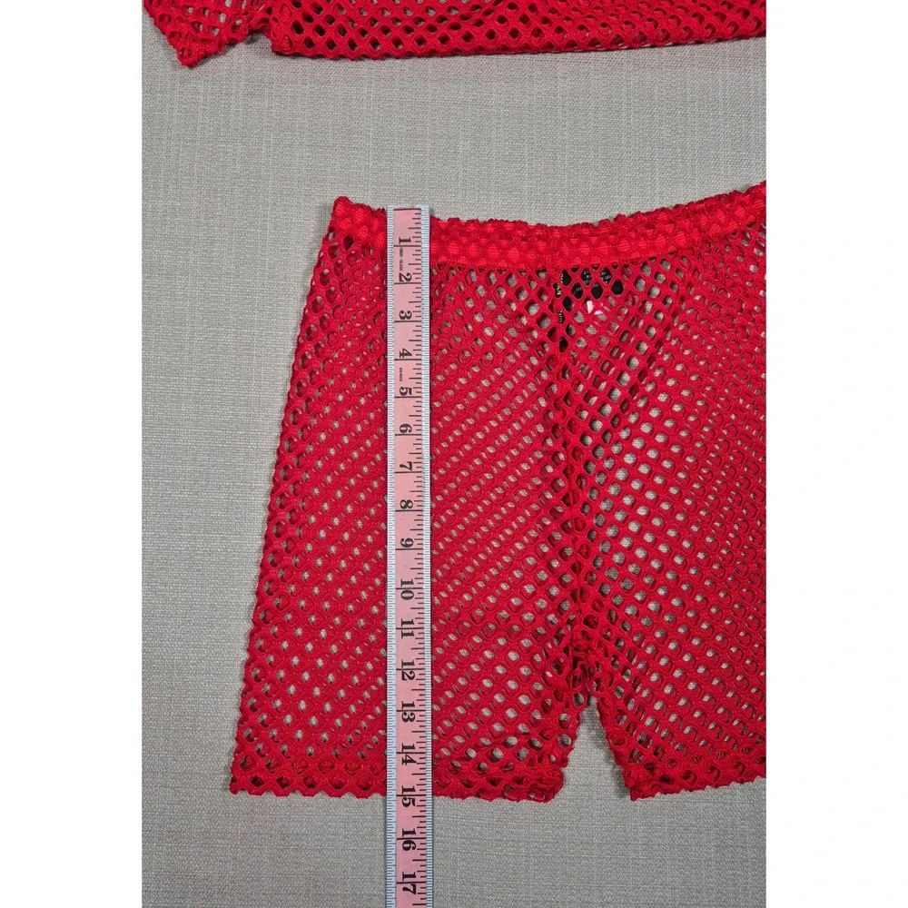 American Leisure Women's Red Mesh Two Piece Set Crop Top Shorts Size S NWT